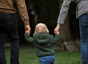 Una mare i un pare gaudint del permís parental amb el seu fill