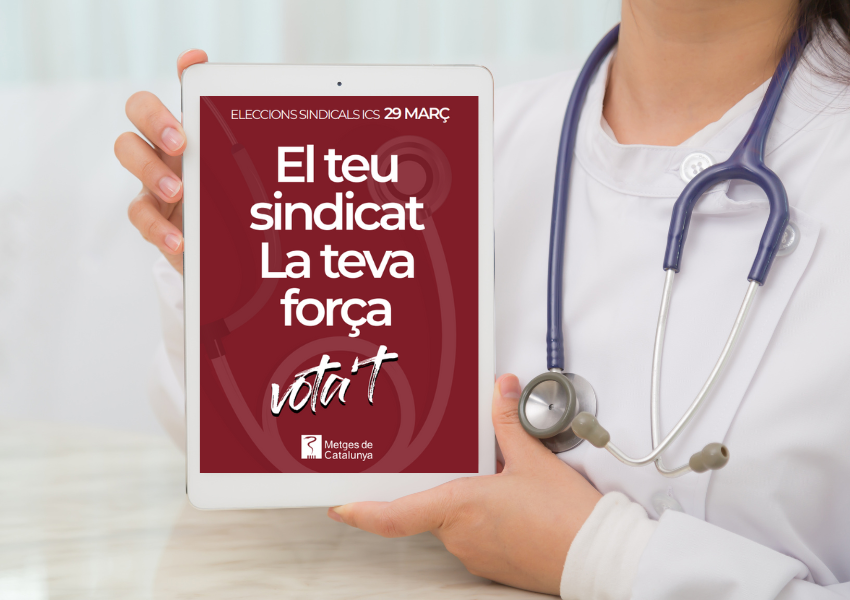 Una doctora amb un pòster de les eleccions ICS